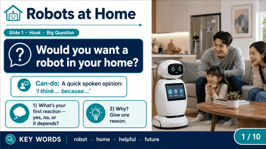 ตัวอย่างสไลด์ Future English หัวข้อ Robots at Home สำหรับฝึกแสดงความคิดเห็น
